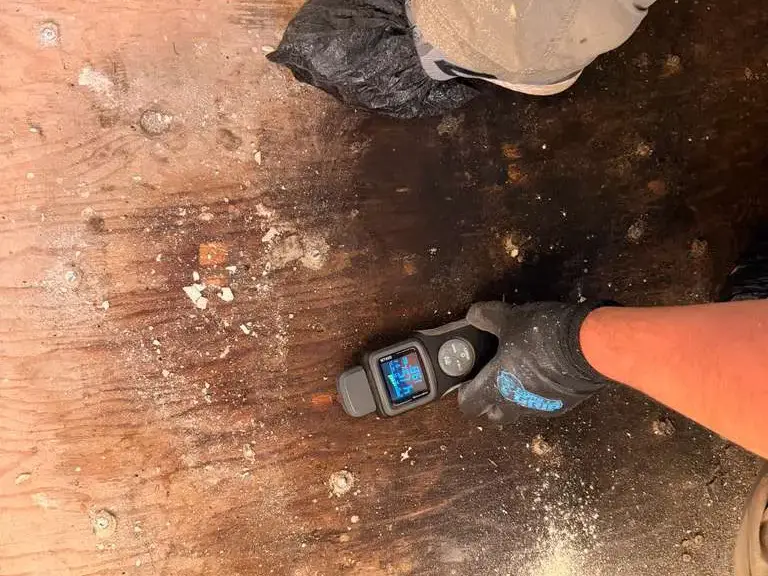 After restoration: toilet area rebuilt with new tile floor, painted walls, and trim following a long-term toilet tank leak