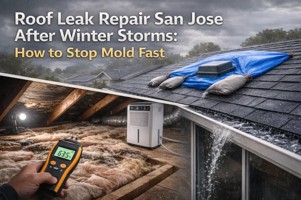Roof leak repair in San Jose after winter storms, attic with wet insulation, moisture meter reading high humidity, dehumidifier running, and tarp secured on suburban roof in rainy weather